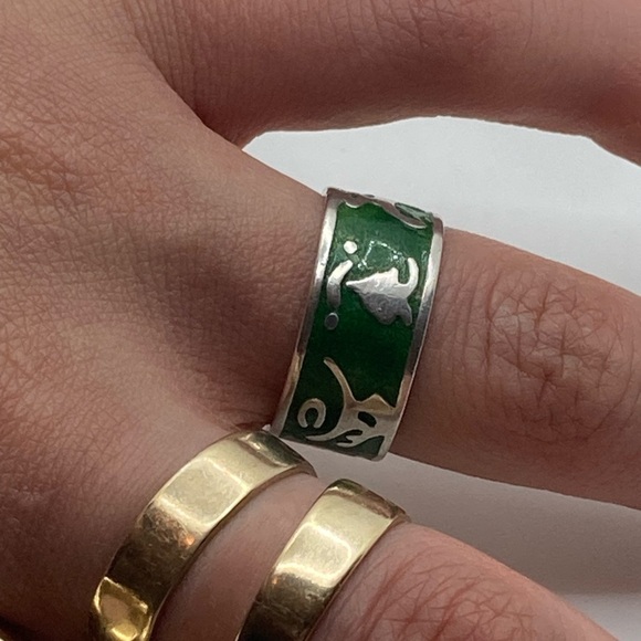 Vtg Southwestern Sterling Silver Symbols & Green Enamel Wide Band Ring Sz 8.5 - Picture 6 of 7